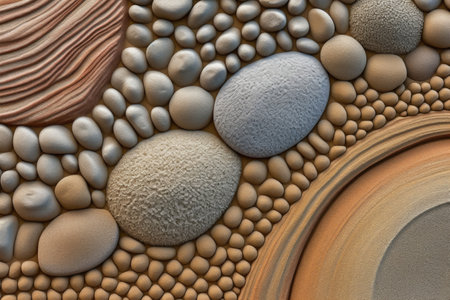 abstract pattern of stones on raked sand surface, created with generative aiの素材