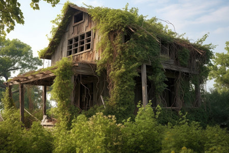 abandoned vine-covered house in rural setting, created with generative aiの素材