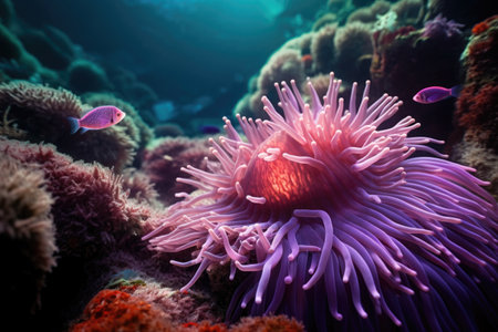 macro shot of sea anemone feeding on a small fish, created with generative aiの素材