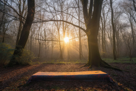 glowing sunrise, with sunlight shining through the trees and onto a yoga mat, created with generative aiの素材