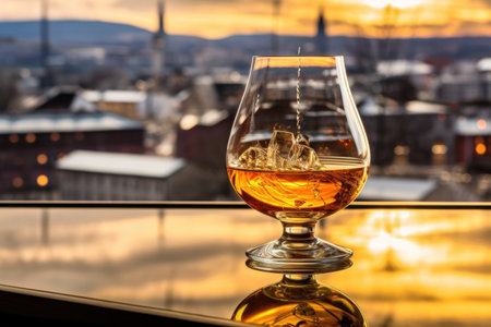golden whisky in a glass with distillery backdrop, created with generative aiの素材
