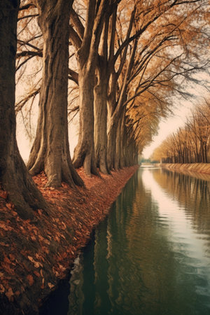 row of trees along a peaceful riverbank, created with generative aiの素材