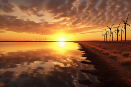 sunset casting golden light on a row of wind turbines, created with generative aiの素材