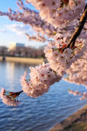 close-up of cherry blossoms near tidal basin, created with generative aiの素材