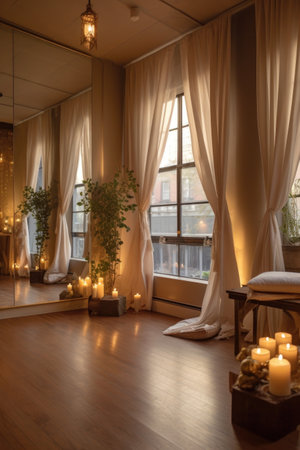 serene yoga studio with candles and incense, created with generative aiの素材