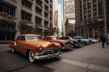 vintage vehicle collection on city street, with view of tall buildings in the background, created with generative aiの素材