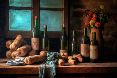wine bottles and corks on a rustic wooden table, created with generative aiの素材