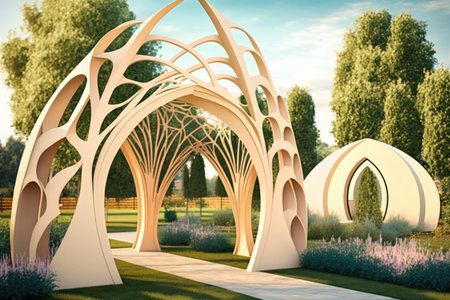stylish trellis archway in modern garden, created with generative aiの素材