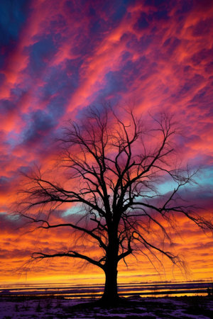 tree silhouette against a colorful sunset sky, created with generative aiの素材