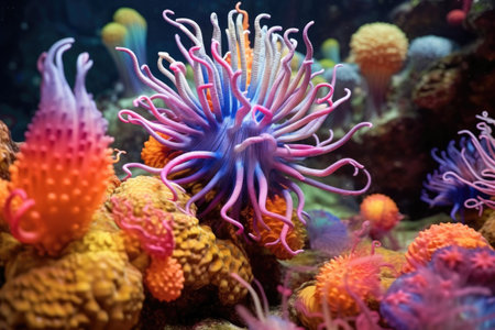 close-up of colorful sea anemone tentacles swaying in water, created with generative aiの素材