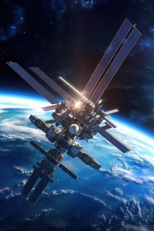 international space station orbiting earth, created with generative aiの素材