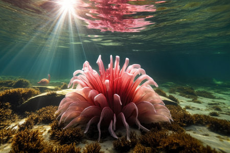 sea anemone illuminated by sun rays in shallow water, created with generative aiの素材