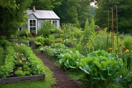 a lush, green vegetable garden with a small greenhouse in the background, created with generative aiの素材