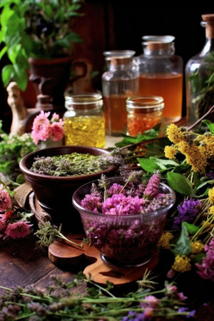 herbal tea assortment with fresh herbs and flowers, created with generative aiの素材