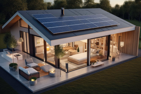 smart home, with solar panels and battery storage for clean energy, created with generative aiの素材