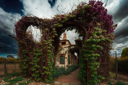 trellis covered in vines and blooms, created with generative aiの素材