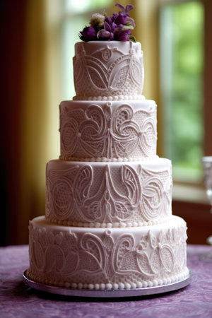 wedding cake with intricate icing patterns, created with generative aiの素材