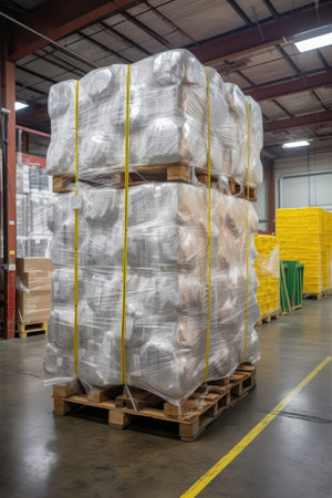 pallets of goods wrapped in plastic, ready for shipment, created with generative aiの素材