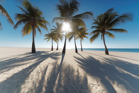 palm trees casting shadows on a white sandy beach, created with generative aiの素材