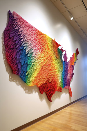 us map made of colorful string art on a white wall, created with generative aiの素材