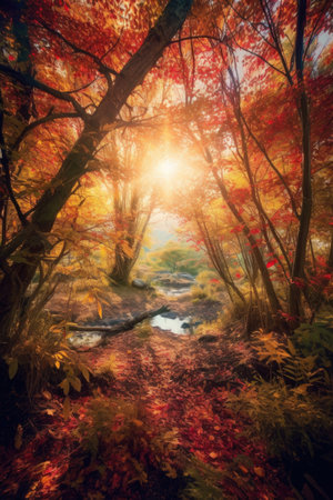 sunlight piercing through colorful autumn foliage, created with generative aiの素材
