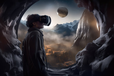 person, immersed in high-quality virtual reality simulation, exploring the surface of another planet, created with generative aiの素材