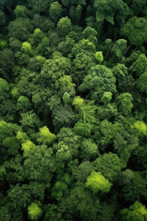 aerial view of vibrant green treetops in dense forest, created with generative aiの素材