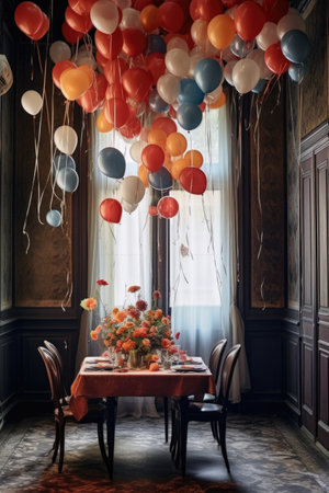 welcome balloons floating above a decorated table, created with generative aiの素材