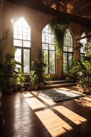 yoga studio interior with natural light and green plants, created with generative aiの素材