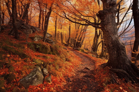 serpentine mountain path through autumn-colored foliage, created with generative aiの素材