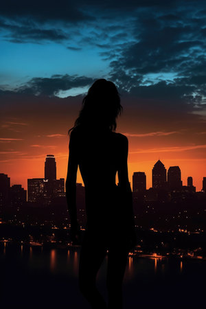 womans silhouette against city skyline at dusk, created with generative aiの素材
