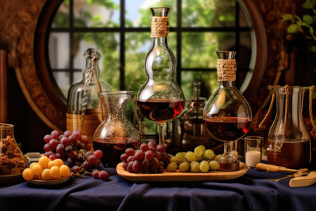 wine tasting setup with glasses, decanter, and grapes, created with generative aiの素材