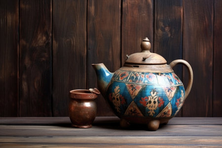 antique ceramic teapot on rustic wooden table, created with generative aiの素材