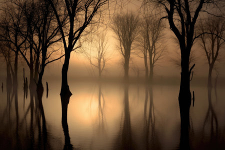silhouette of a tree line reflected in a misty pond, created with generative aiの素材
