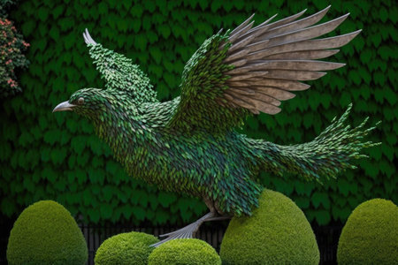 topiary bird in flight, with legs extended and wings spread, created with generative aiの素材