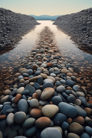 smooth pebble stones by a riverbed, created with generative aiの素材