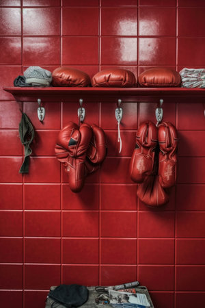 boxing gloves hanging in a locker room, created with generative aiの素材