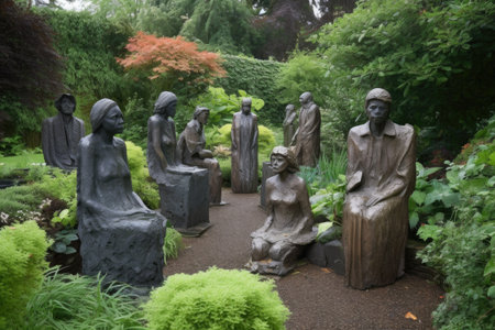 group of unique sculptures in a garden setting, created with generative aiの素材
