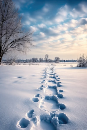 snowy footprints leading into the distance, created with generative aiの素材