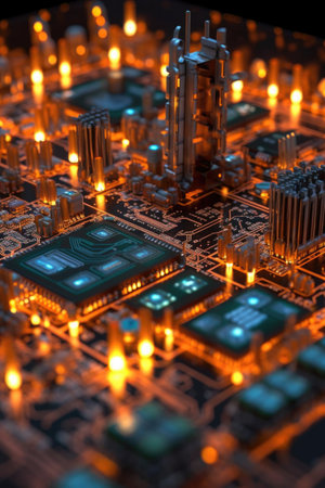 circuit board close-up with glowing led lights, created with generative aiの素材