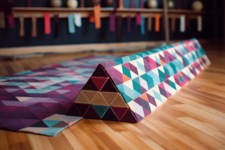 abstract geometric pattern with different shapes and colors on yoga mat, created with generative aiの素材