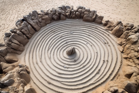 top view of spiral rock arrangement on sand, created with generative aiの素材