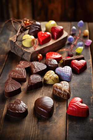 heart-shaped chocolates on rustic wooden table, created with generative aiの素材