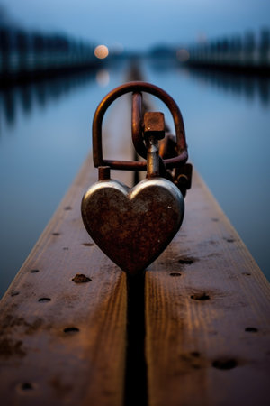 close-up of heart-shaped lock on a bridge, created with generative aiの素材