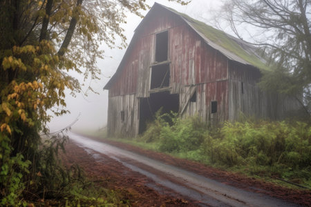 weathered barn in foggy morning surrounded by trees, created with generative aiの素材