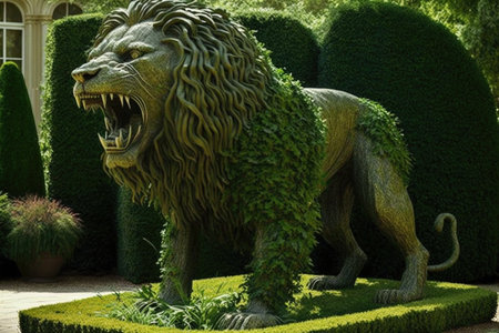 topiary of a roaring lion, with its claws and teeth bared, created with generative aiの素材