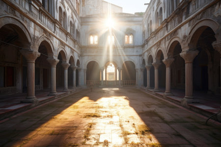 sun rays illuminating monastery courtyard, created with generative aiの素材