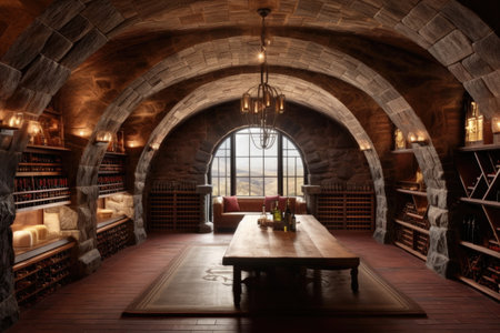 wine cellar vault with stone walls and arches, created with generative aiの素材