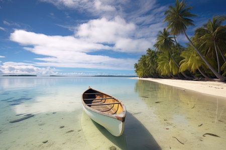 canoe anchored near a pristine atoll beach, created with generative aiの素材