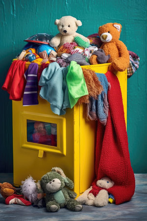 colorful charity donation box with toys and clothes, created with generative aiの素材